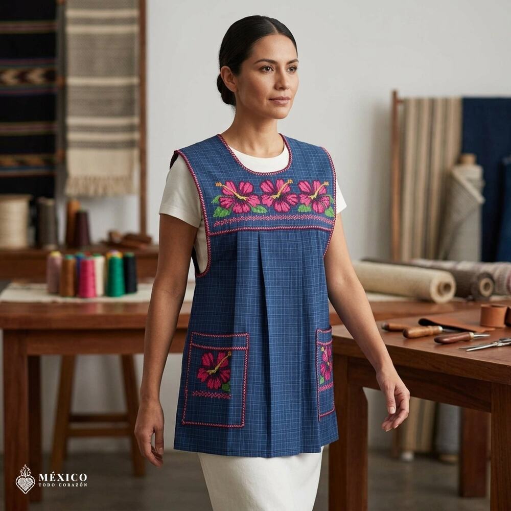 Traditional Mexican Cross-Stitch Embroidered Apron – Deluxe Artisan Smock Style